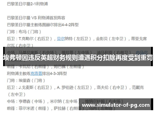 埃弗顿因违反英超财务规则遭遇积分扣除再度受到重罚